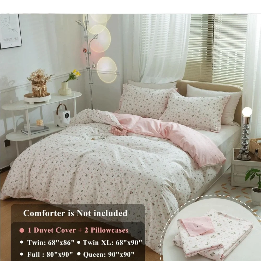 VM VOUGEMARKET Reversible Pink White Flower Duvet Cover Set Full 100% Cotton